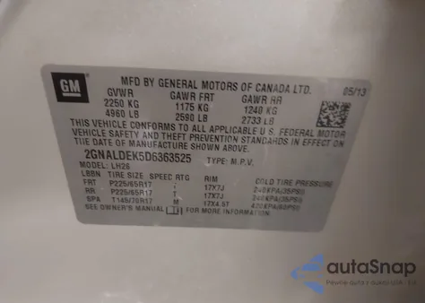 2013 Chevrolet Equinox 1Lt z USA, uszkodzony, nr VIN 2GNALDEK5D6363525